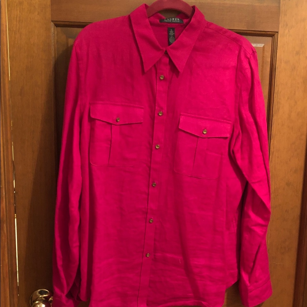 Ralph Lauren Fuchsia Linen Long-Sleeve  Button-Up Shirt